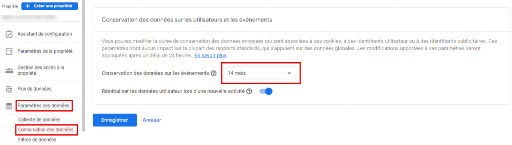 Ajuster les paramètres de conservation des données dans google analytics 4